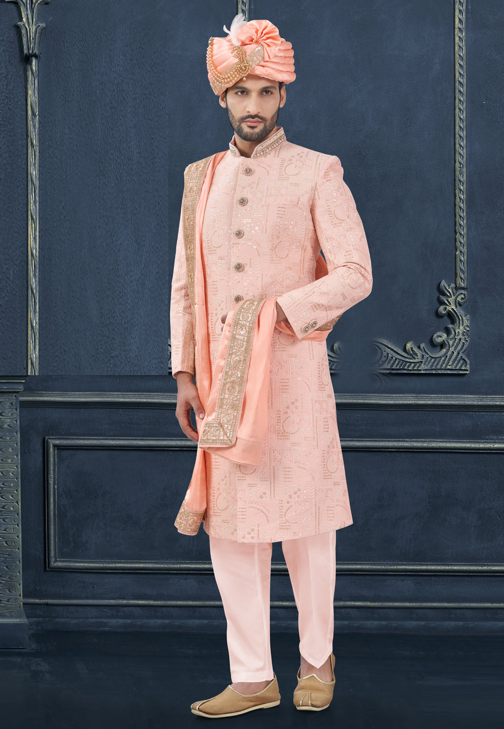 Peach Silk Achkan Style Sherwani 305179