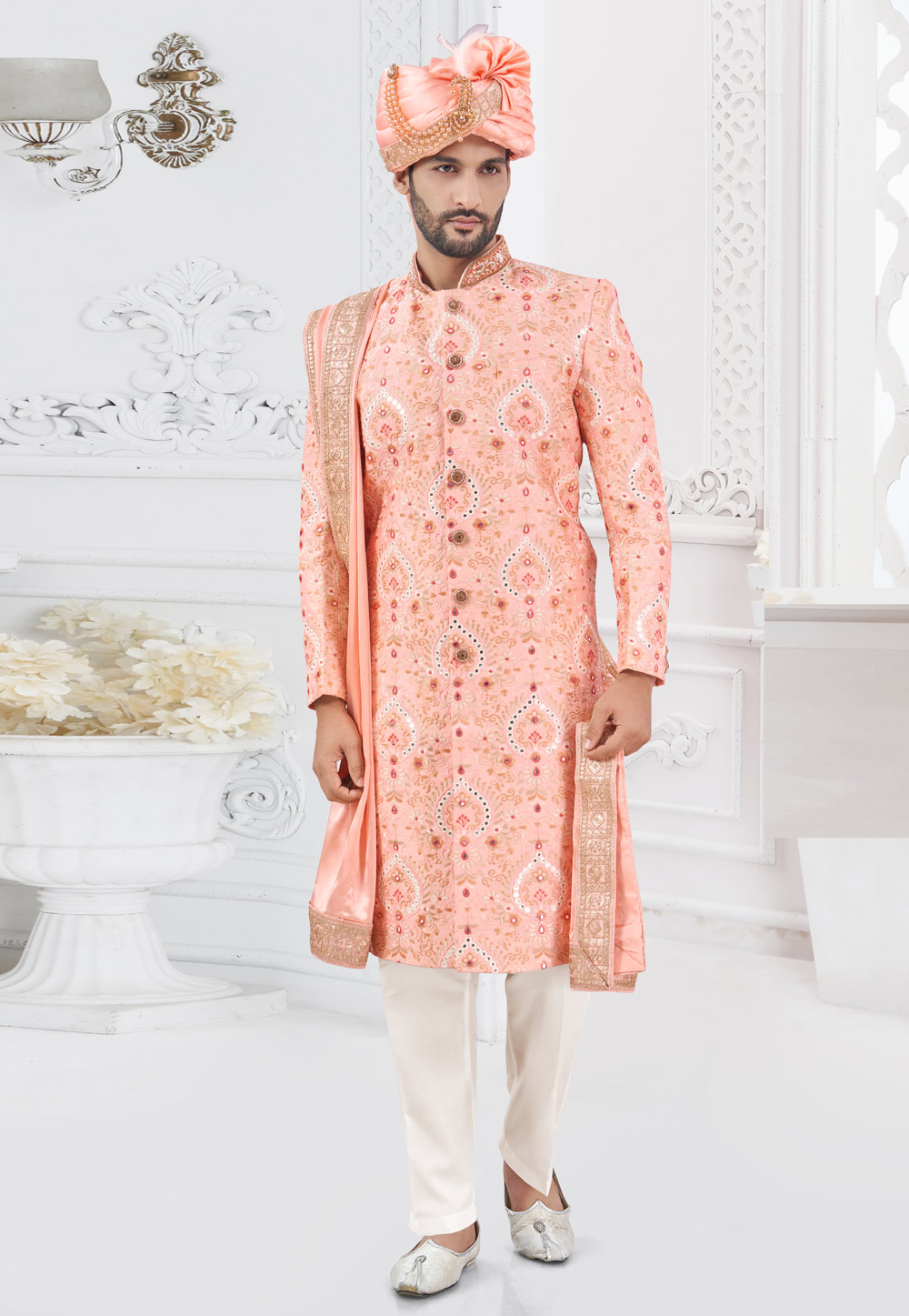 Peach Silk Achkan Style Sherwani 305199