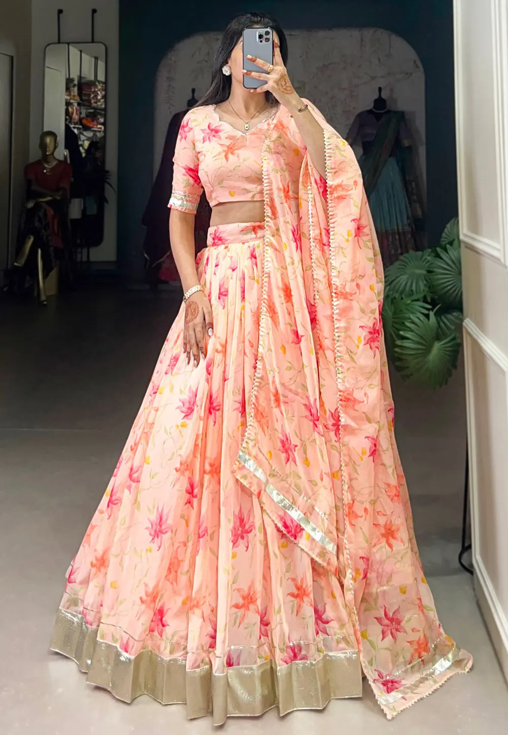 Peach Silk Floral Lehenga choli 303668