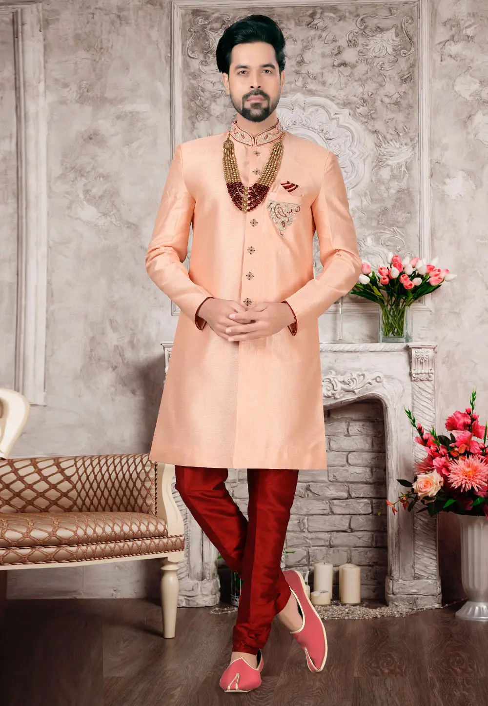 Peach Silk Indo Western Sherwani 302974