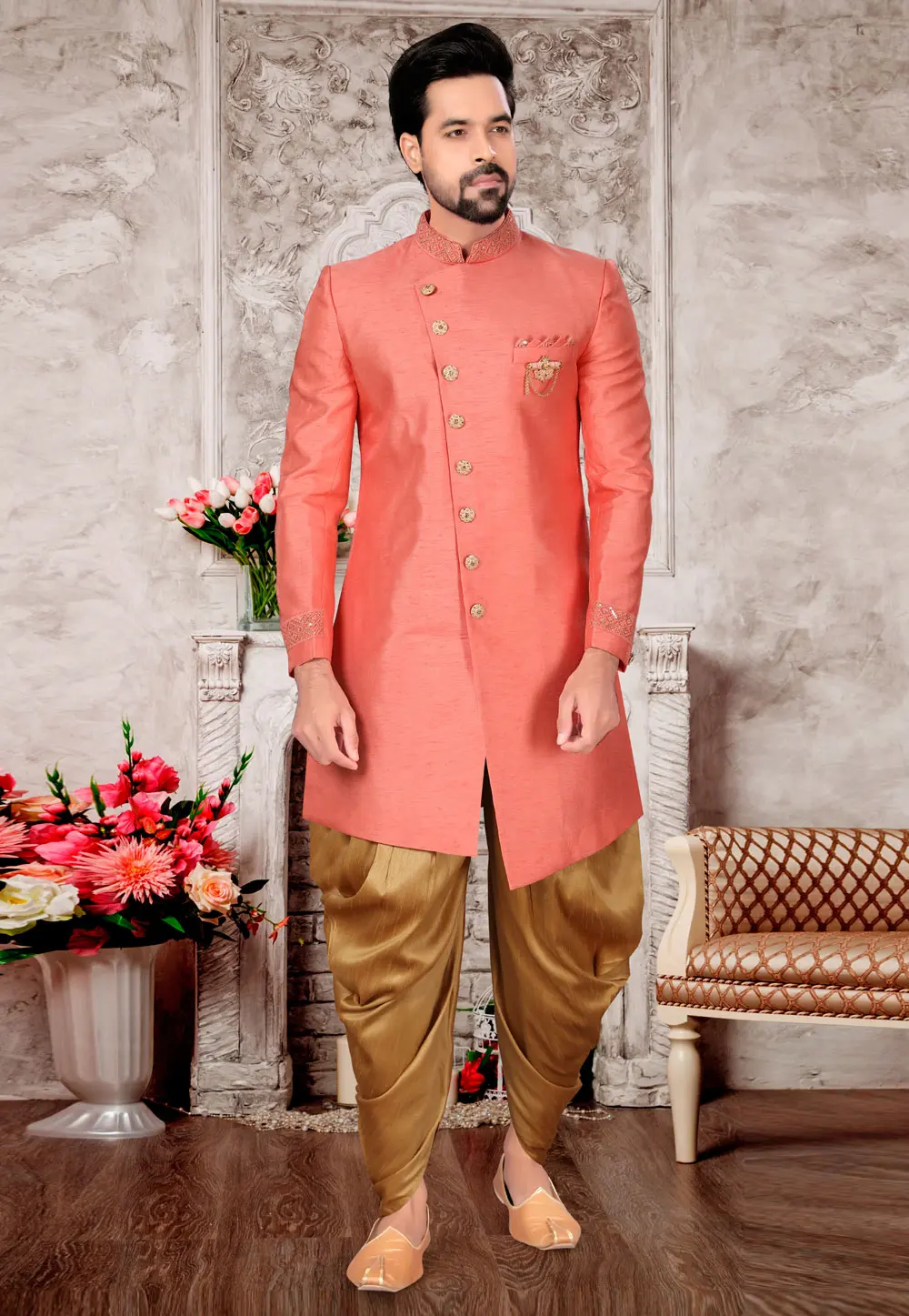 Peach Silk Indo Western Suit 302950