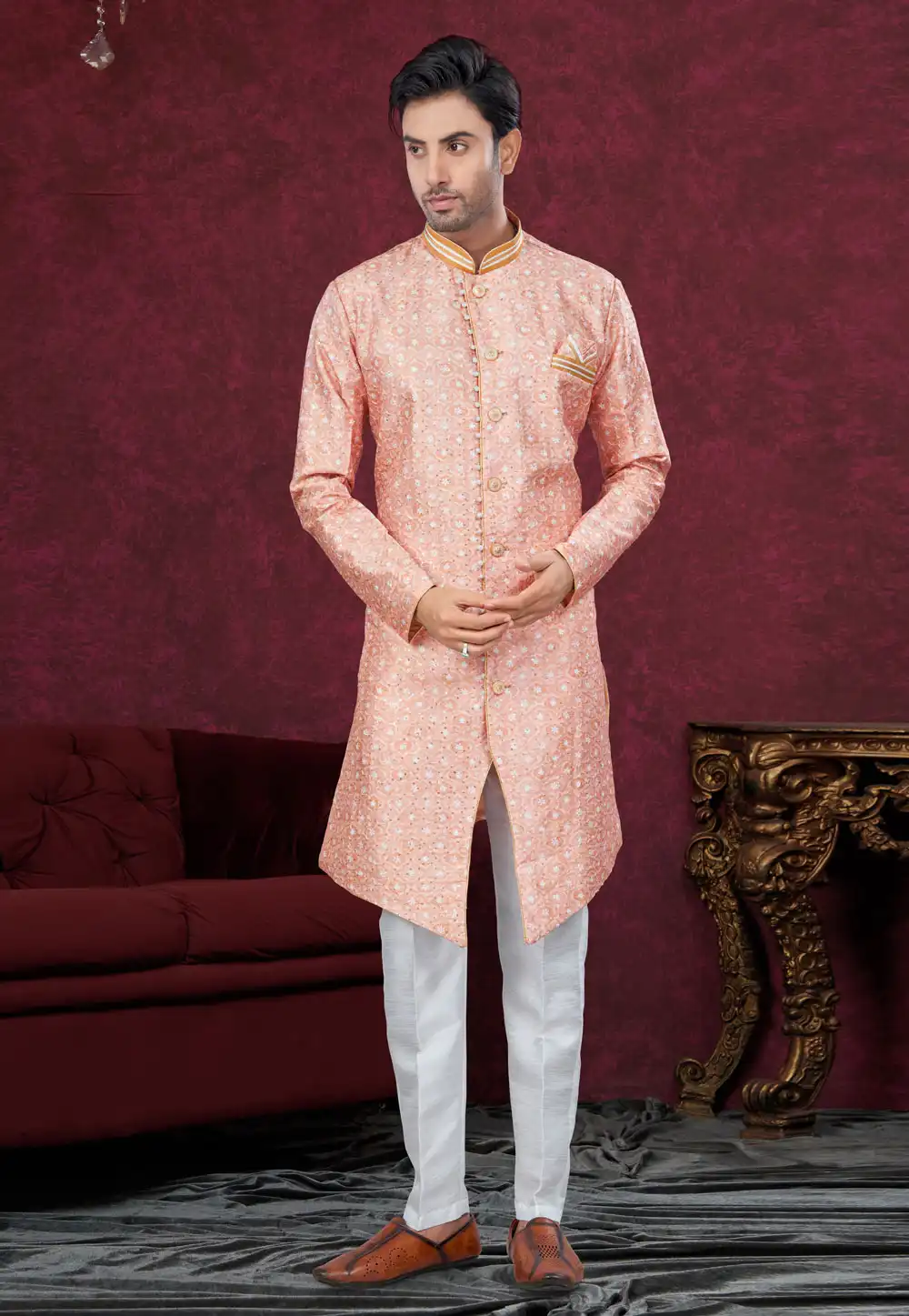 Peach Silk Indo Western Suit 294532