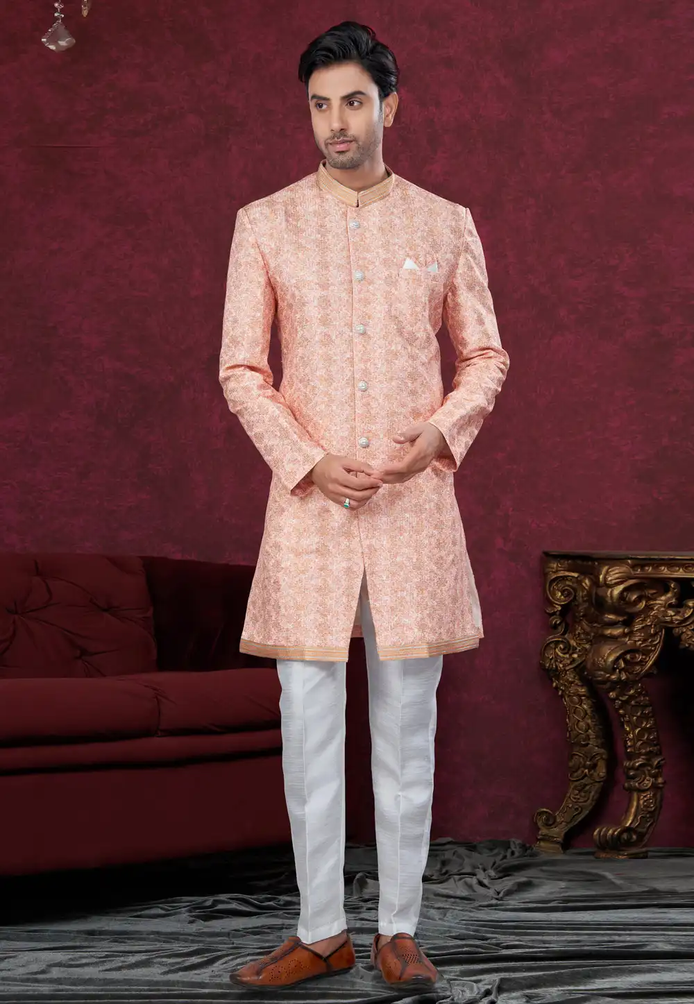 Peach Silk Indo Western Suit 294557