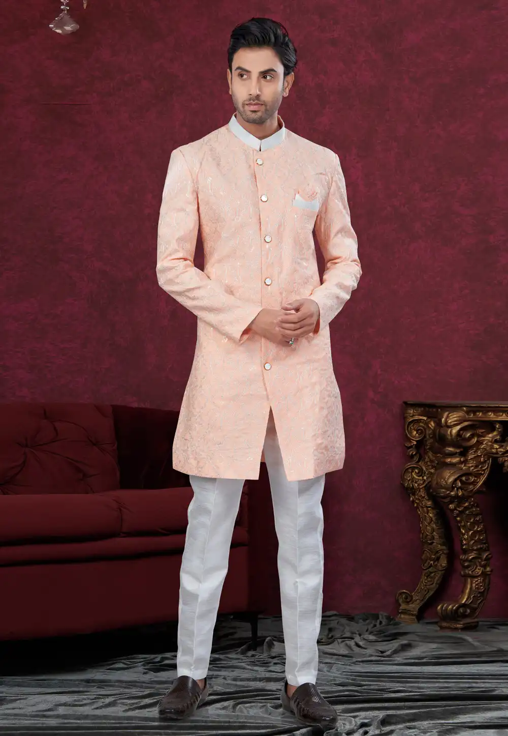 Peach Silk Indo Western Suit 294574