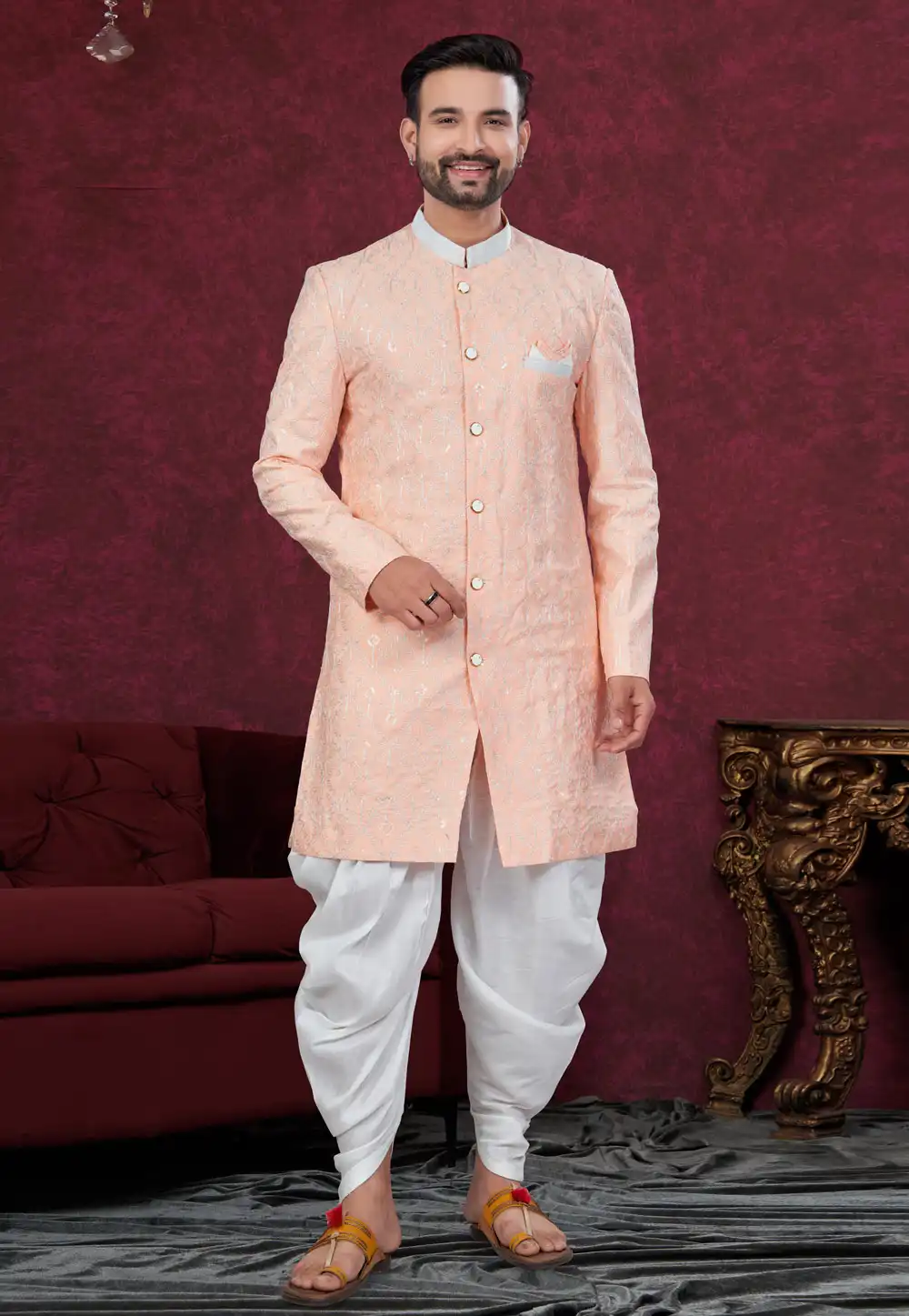 Peach Silk Indo Western Suit 294579