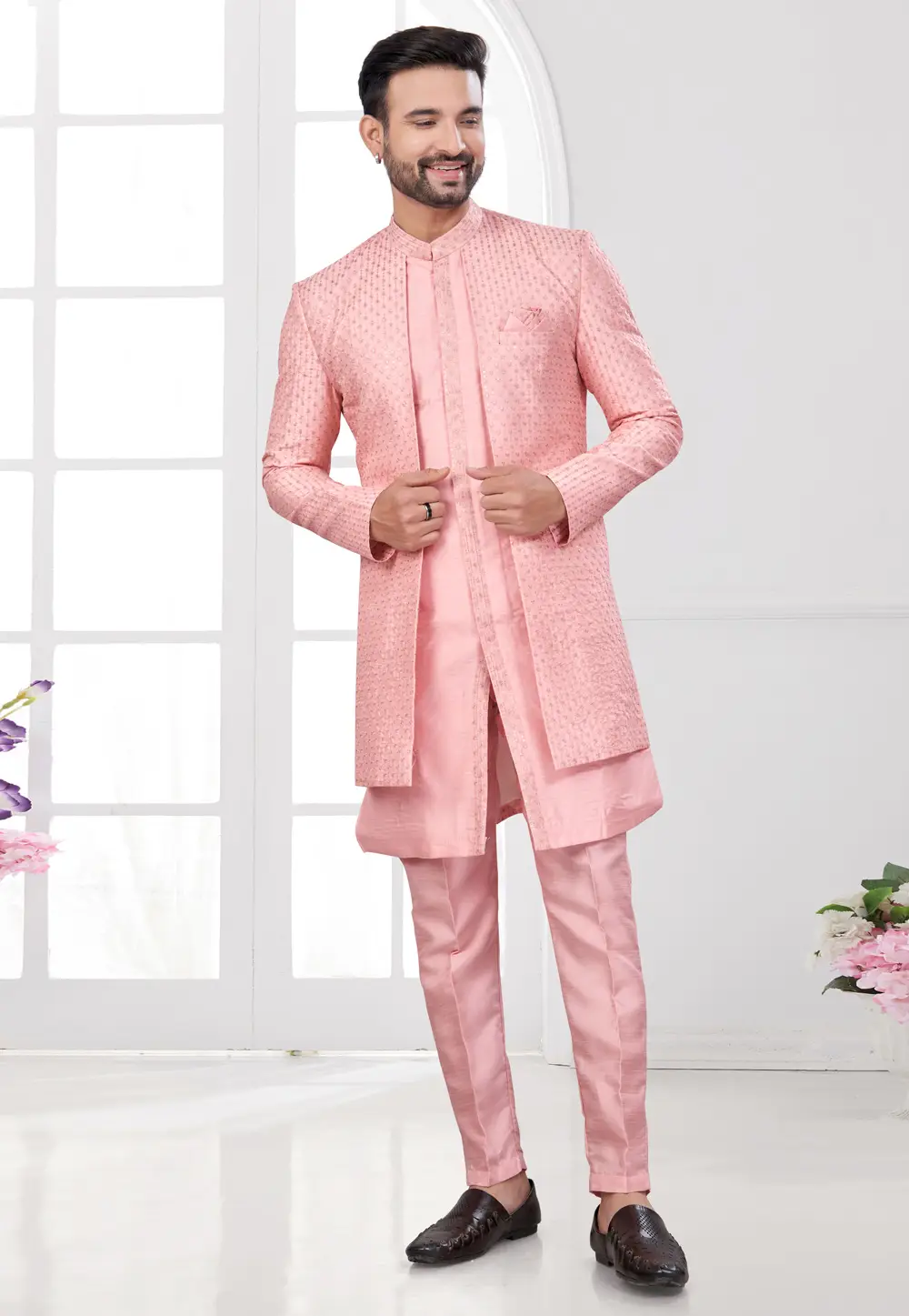 Peach Silk Indo Western Suit 295611