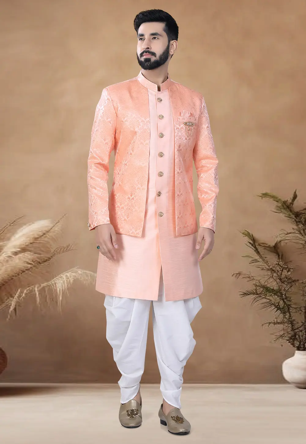 Peach Silk Indo Western Suit 298562