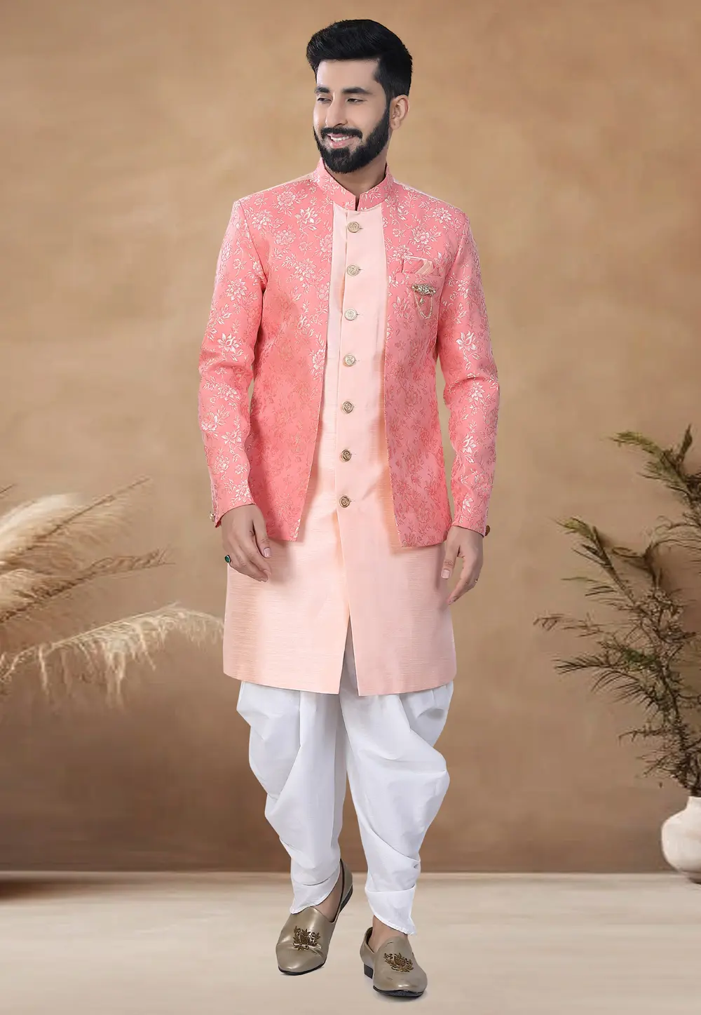 Peach Silk Indo Western Suit 298564