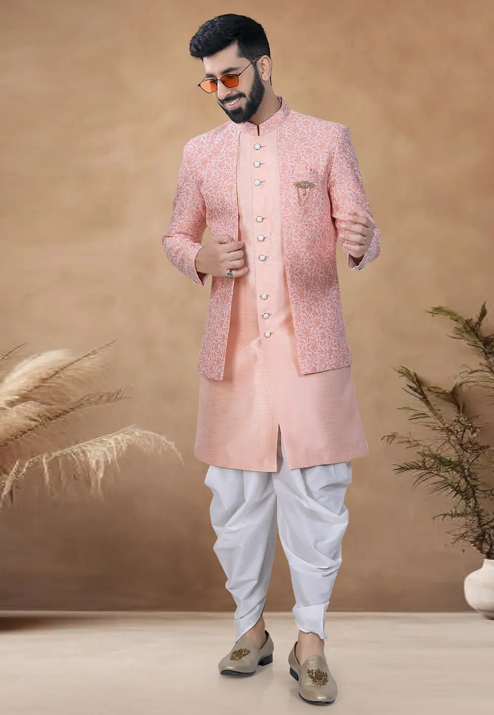 Peach Silk Indo Western Suit 298570