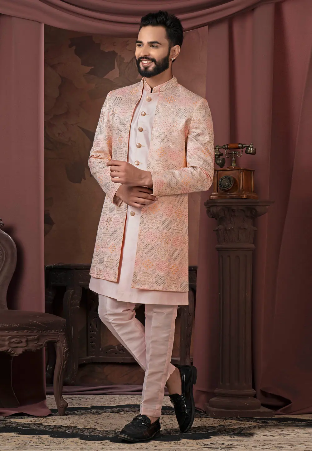 Peach Silk Jacket Style Sherwani 302462