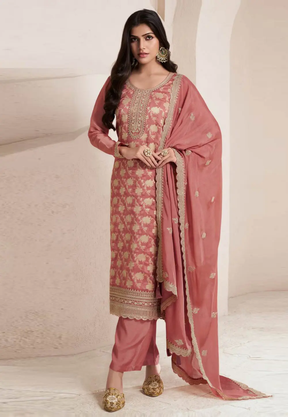 Peach Silk Jacquard Pant Style Suit 301089