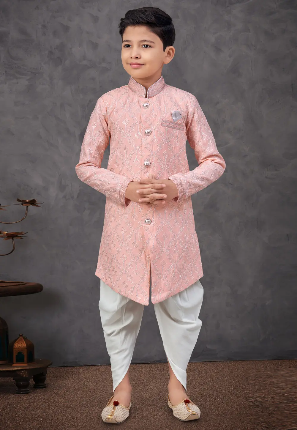 Peach Silk Kids Indo Western Sherwani 303791