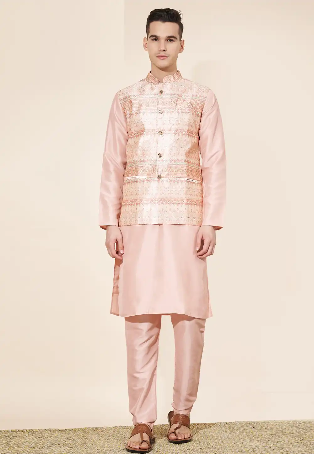 Peach Silk Kurta Pajama With Jacket 287883