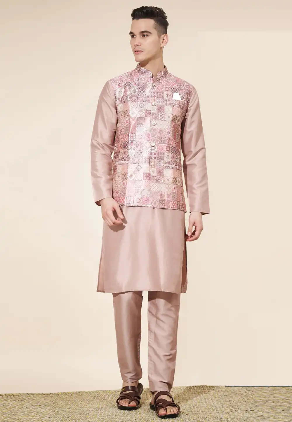 Peach Silk Kurta Pajama With Jacket 287885