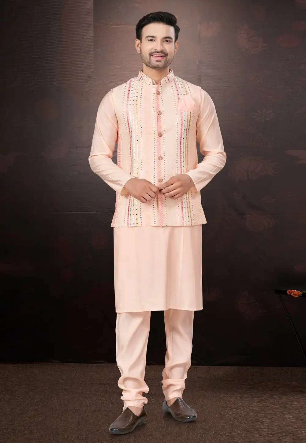 Peach Silk Kurta Pajama With Jacket 291308