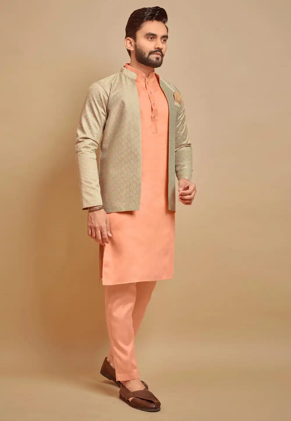 Peach Silk Kurta Pajama With Jacket 293795