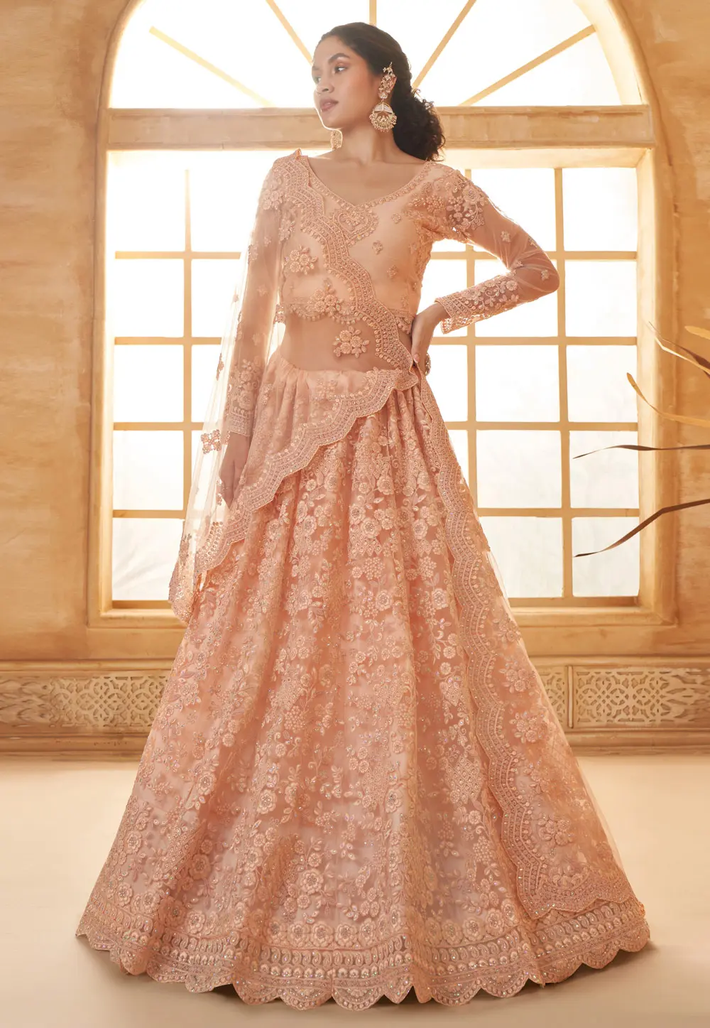 Peach Silk Net Wedding Lehenga Choli 297582