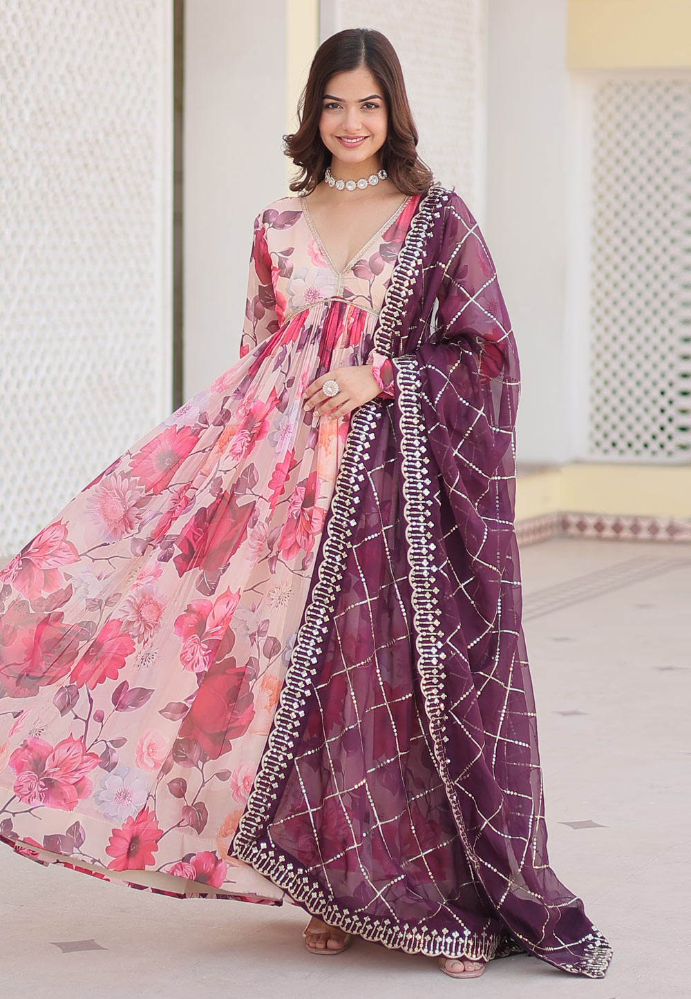 Peach Silk Readymade Long Anarkali Suit 286554