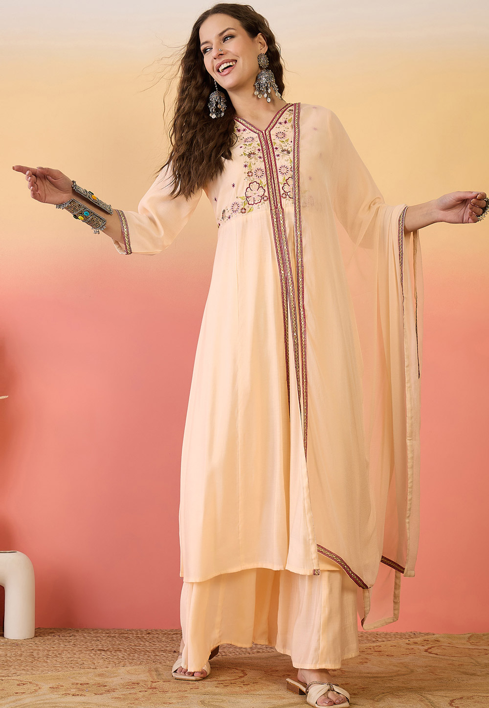 Peach Silk Readymade Palazzo Suit 309156