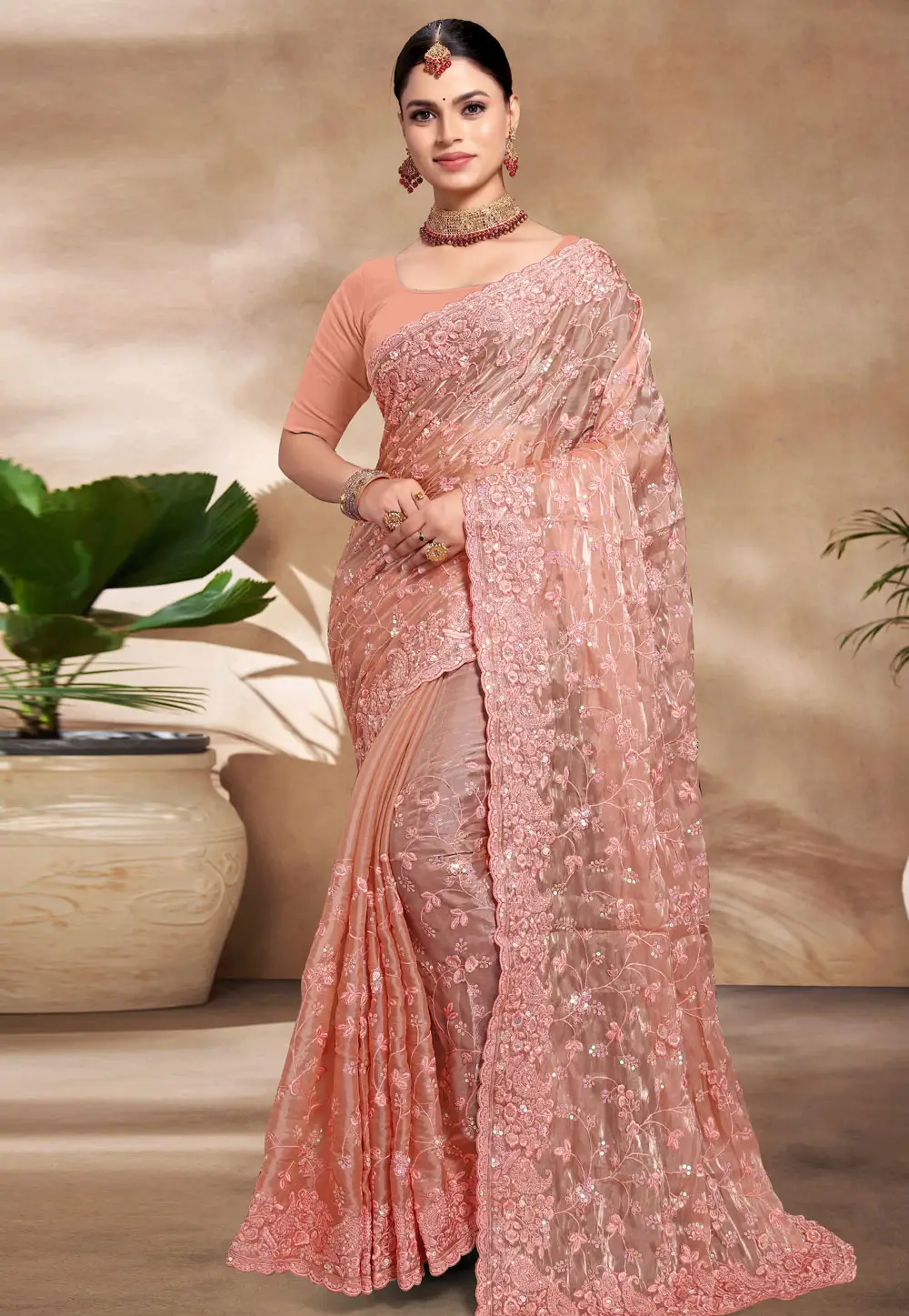 Peach Silk Saree With Blouse 296220