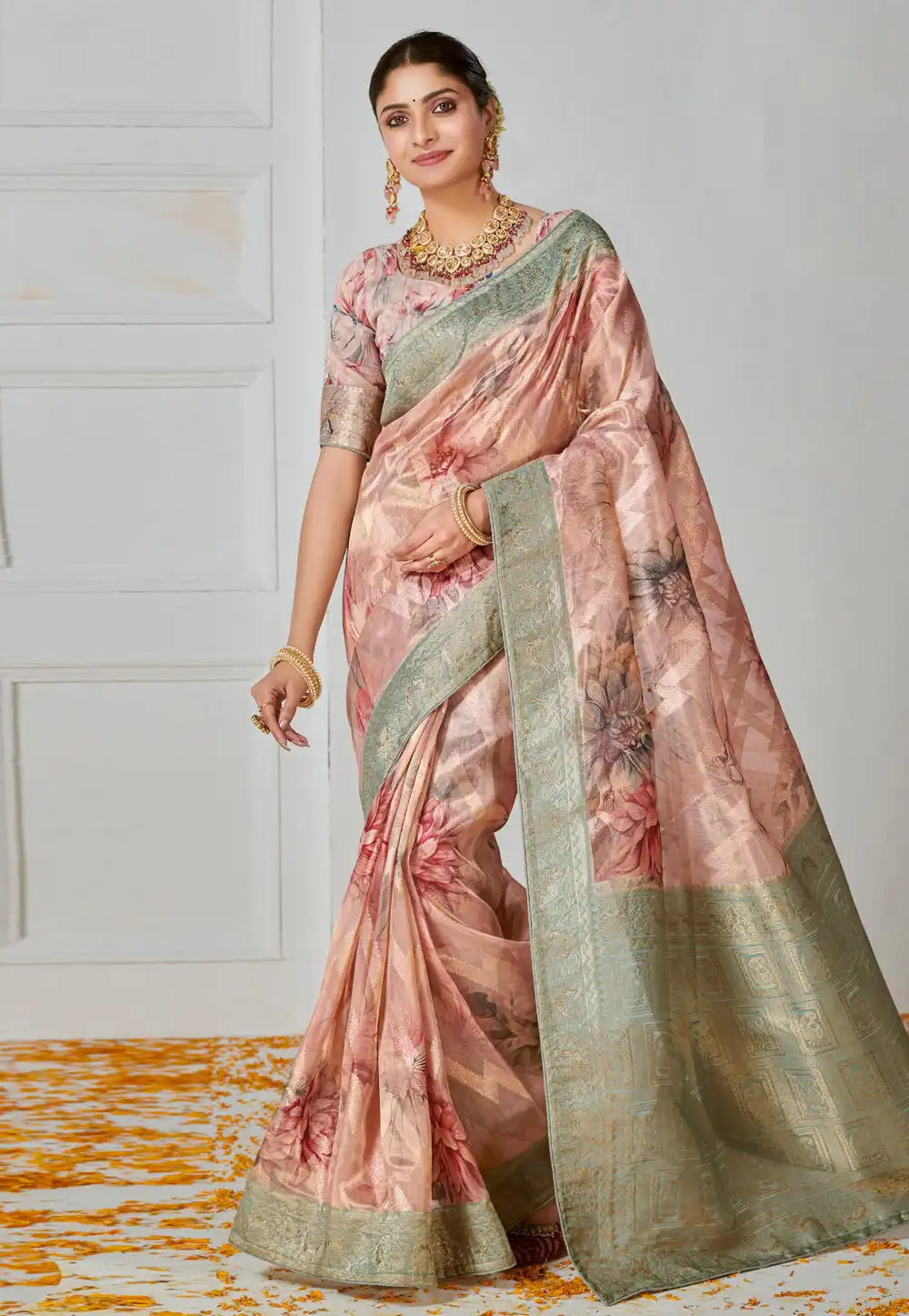 Peach Tissue Saree With Blouse 289094