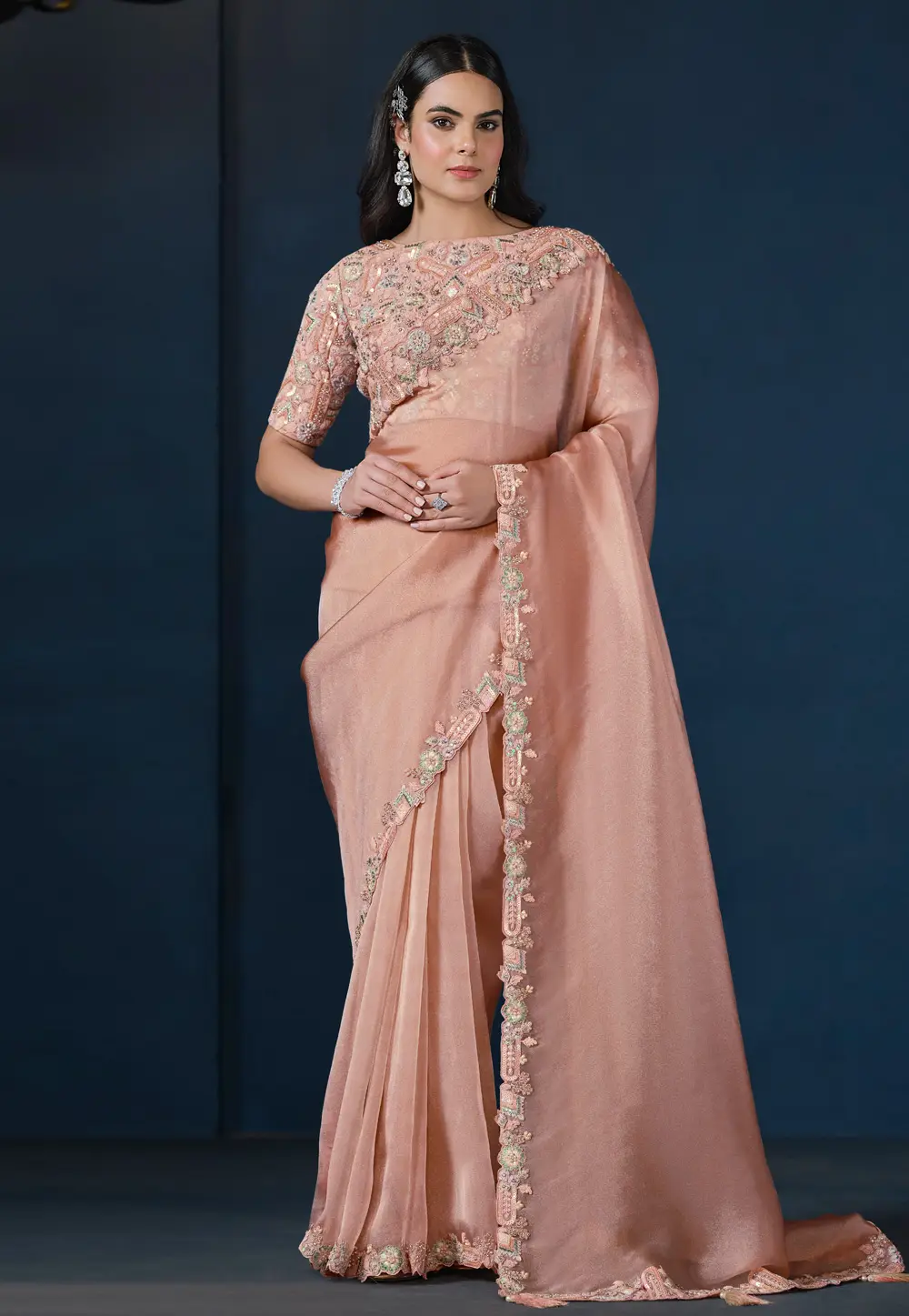 Peach Tissue Saree With Blouse 296816