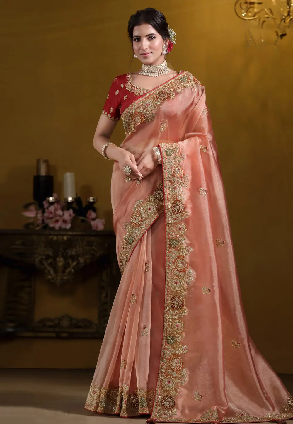 Peach Tissue Saree With Blouse 302018