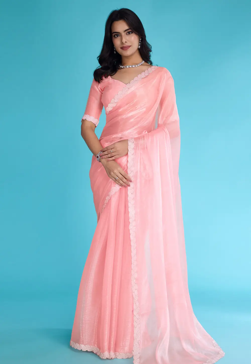 Peach Tissue Saree With Blouse 295316