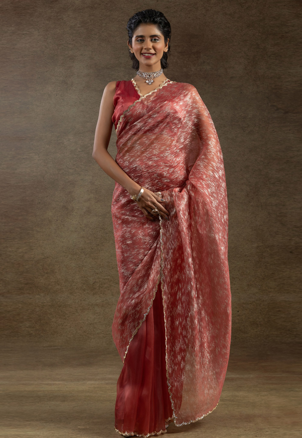 Peach Tissue Saree With Blouse 309367