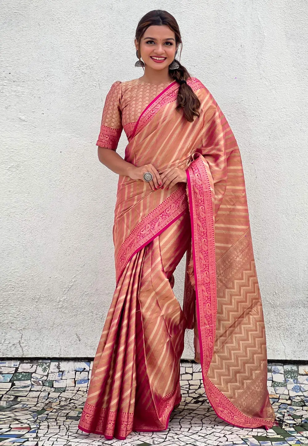 Peach Tissue Saree With Blouse 297399