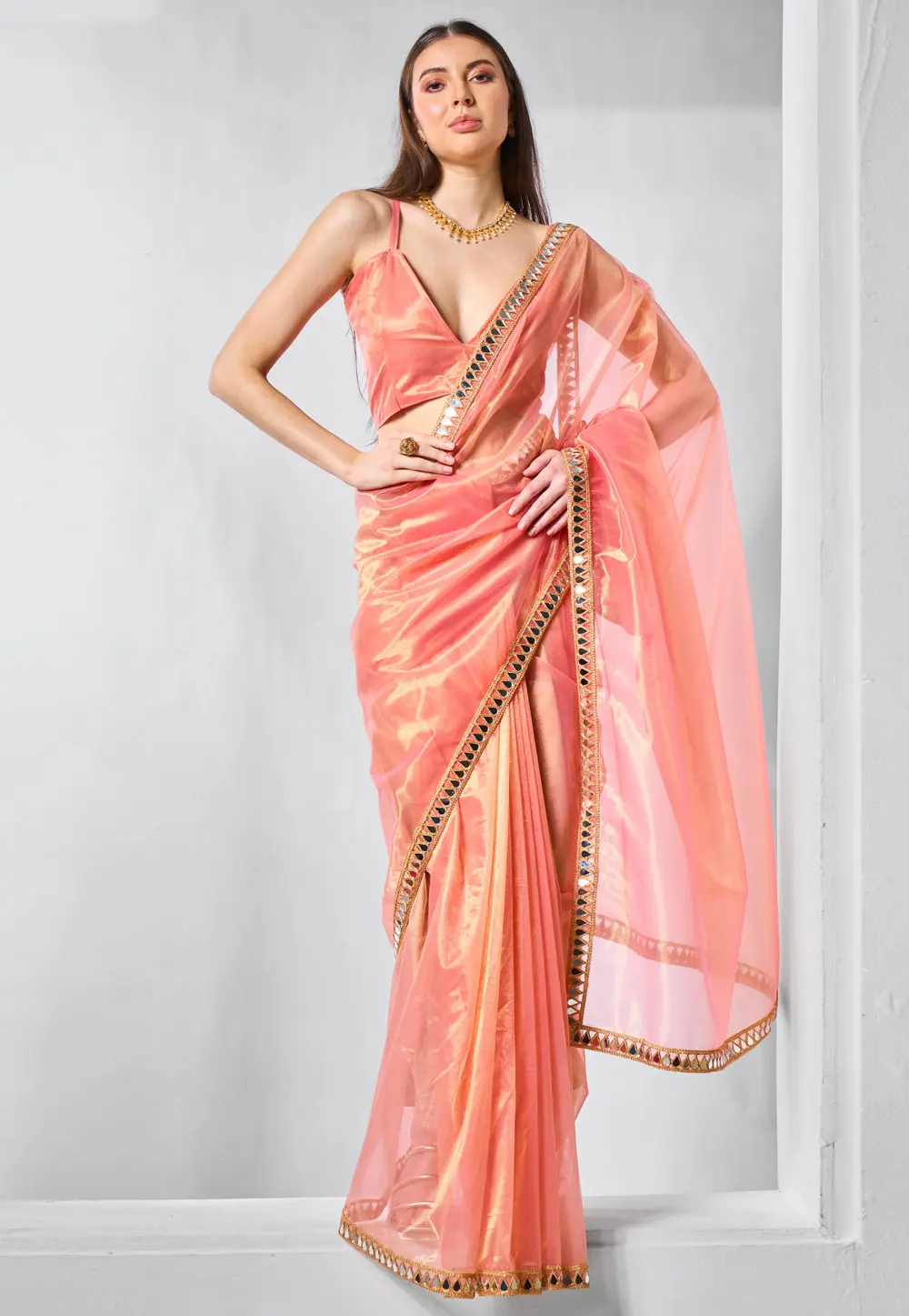 Peach Tissue Saree With Blouse 301244