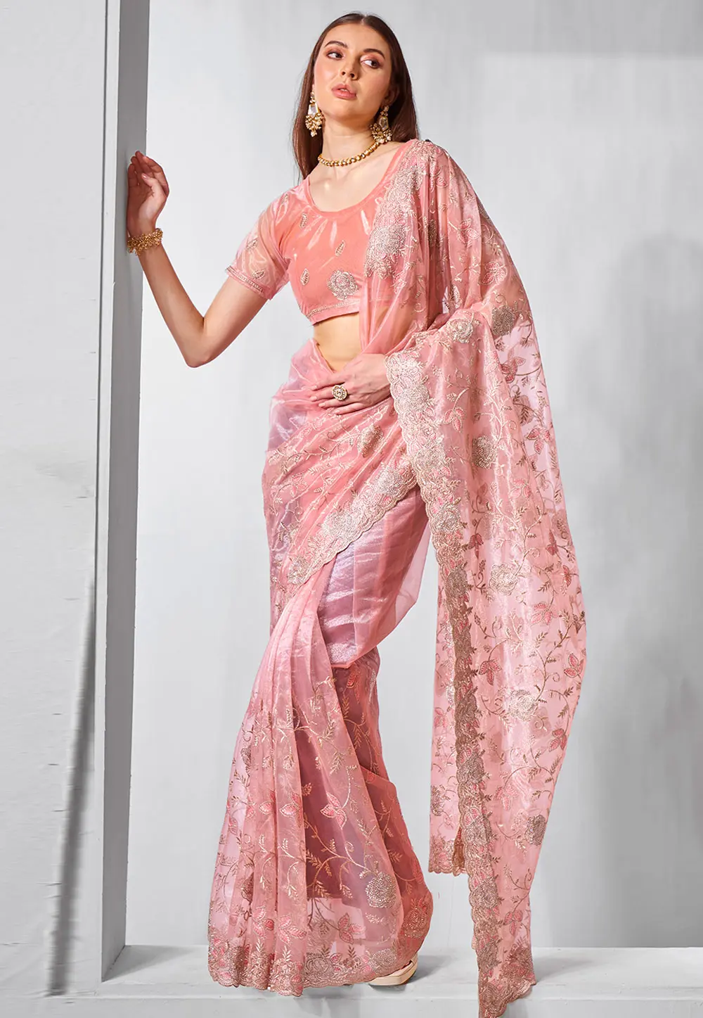 Peach Tissue Saree With Blouse 299058