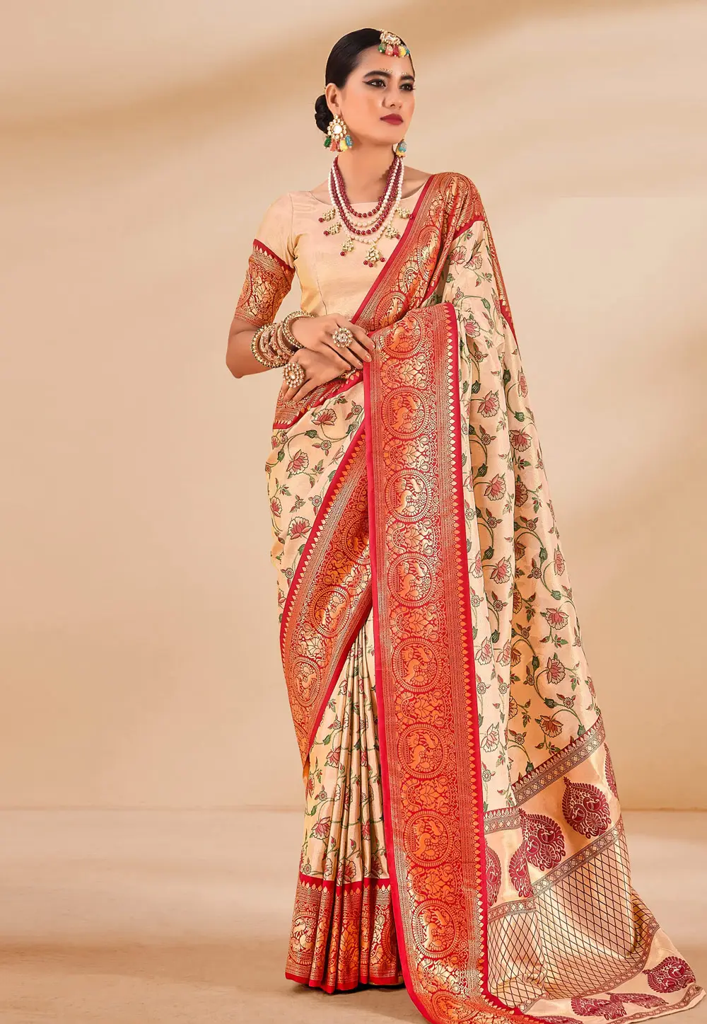 Peach Tissue Silk Saree With Blouse 297120