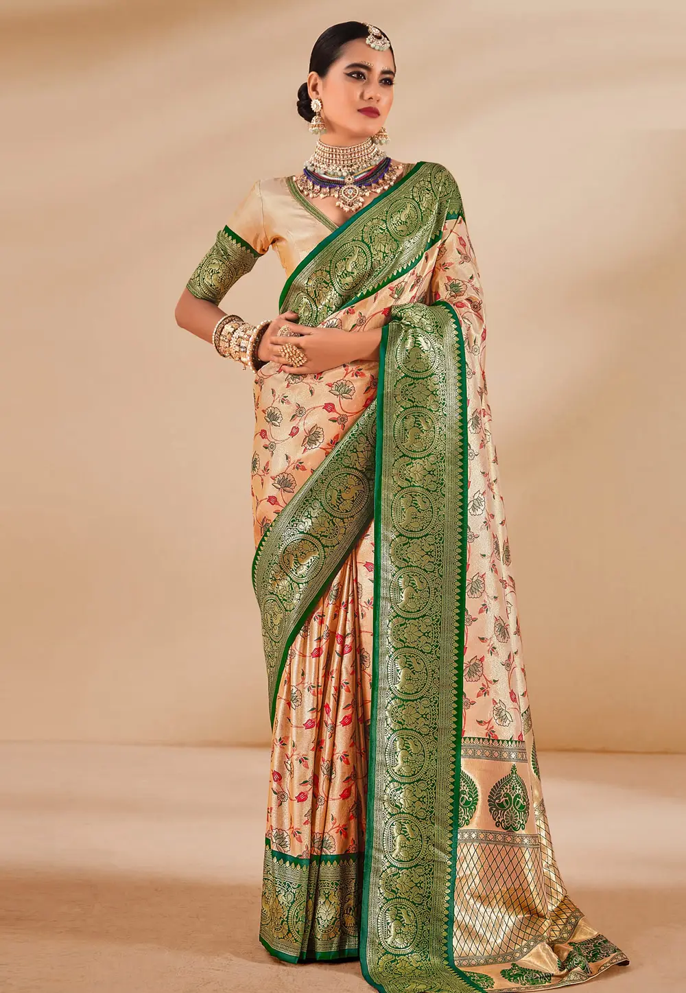 Peach Tissue Silk Saree With Blouse 297121