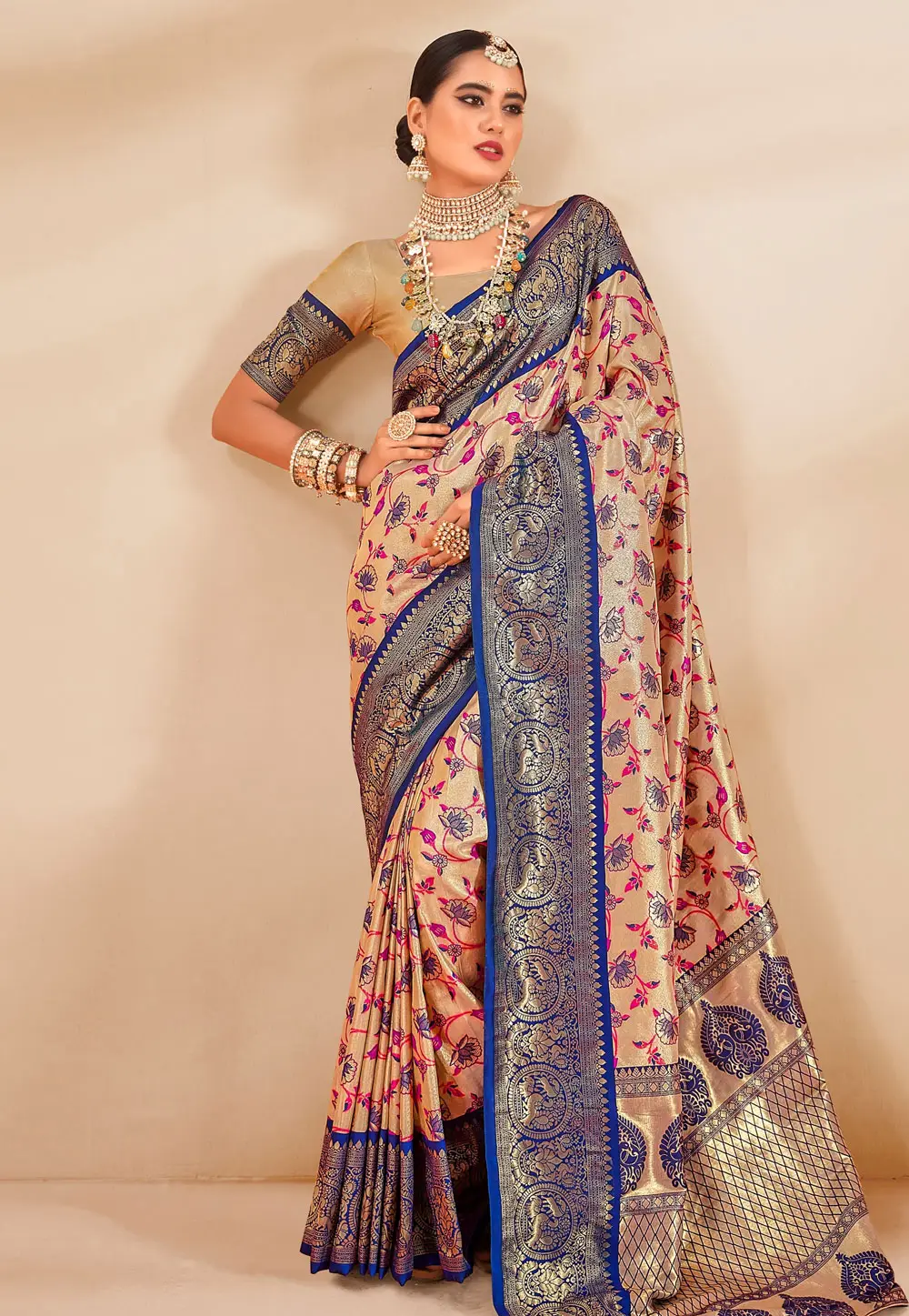 Peach Tissue Silk Saree With Blouse 297123