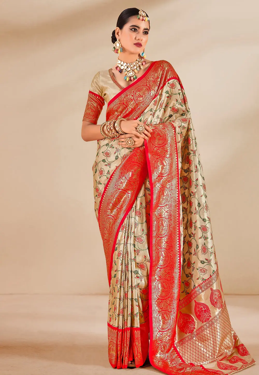 Peach Tissue Silk Saree With Blouse 297124