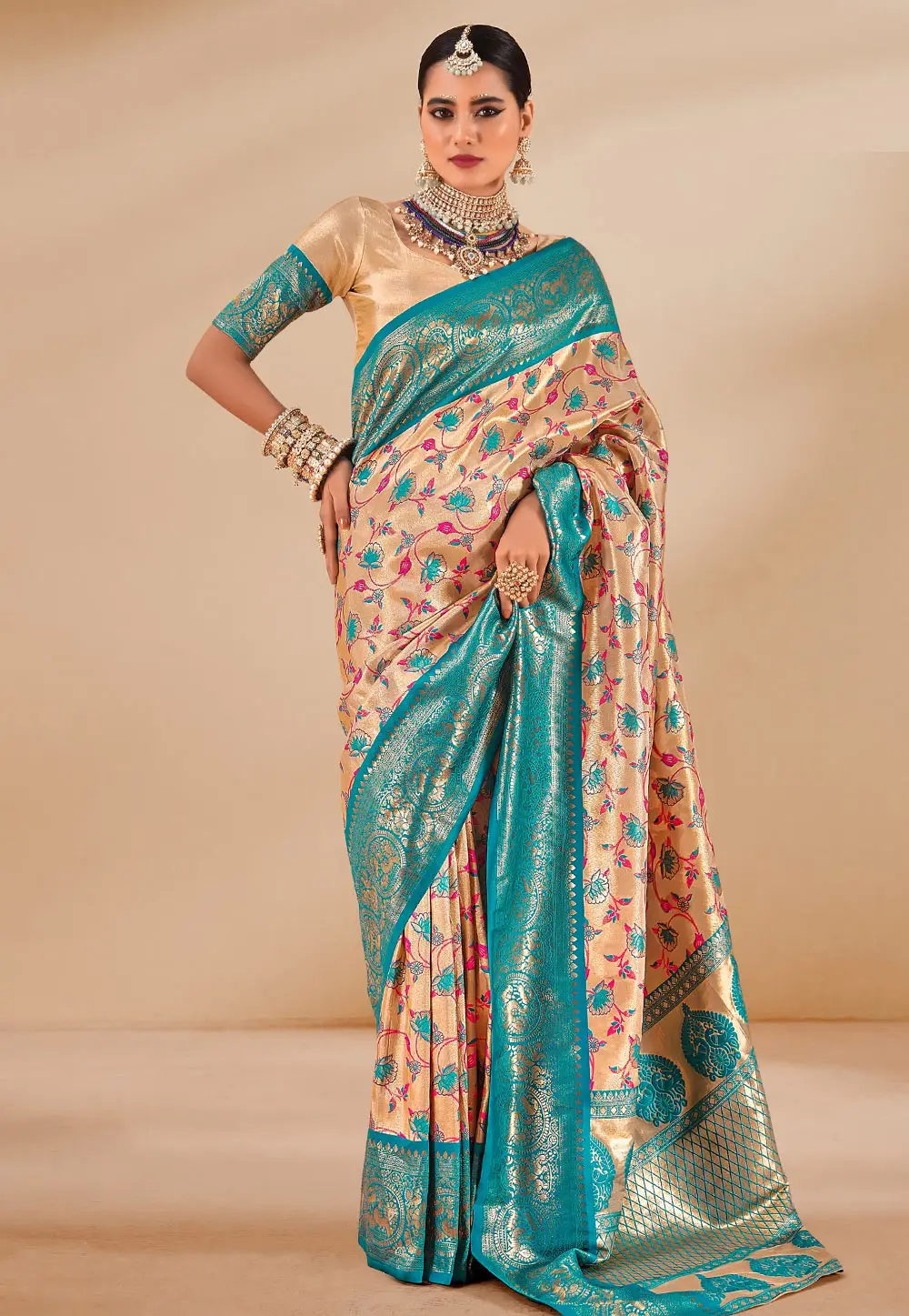 Peach Tissue Silk Saree With Blouse 297125