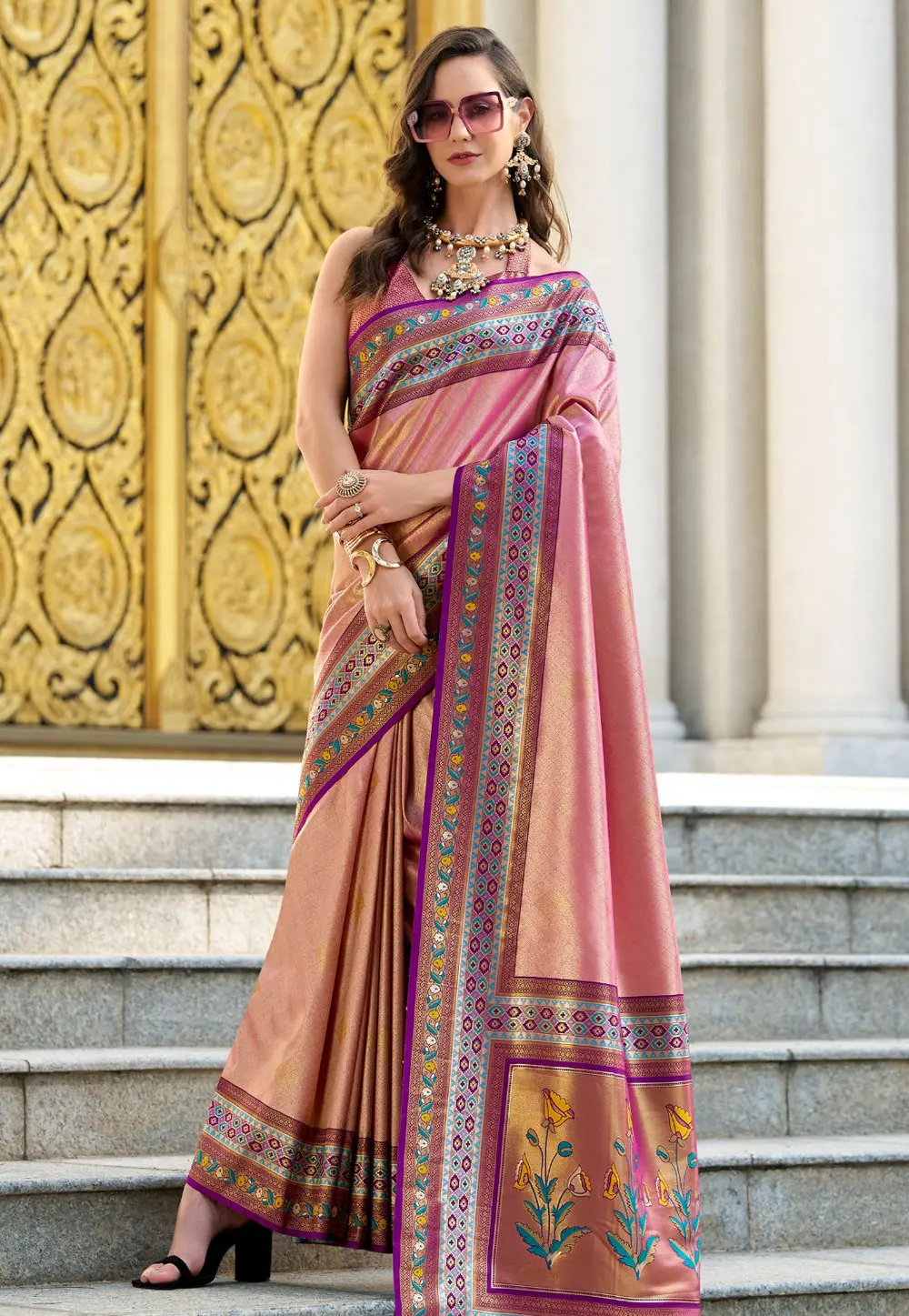 Peach Tissue Silk Saree With Blouse 304561