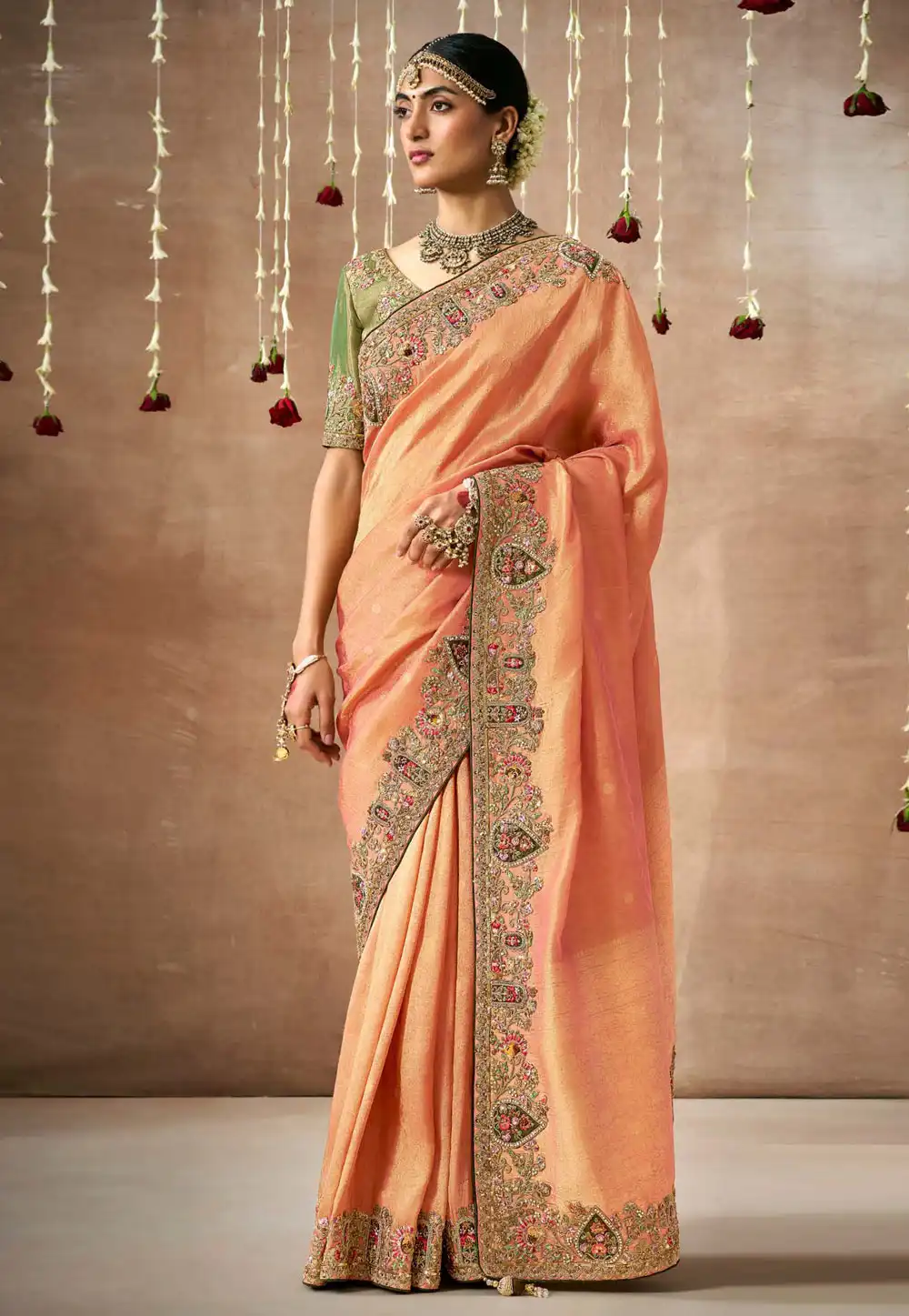 Peach Tissue Silk Saree With Blouse 295075