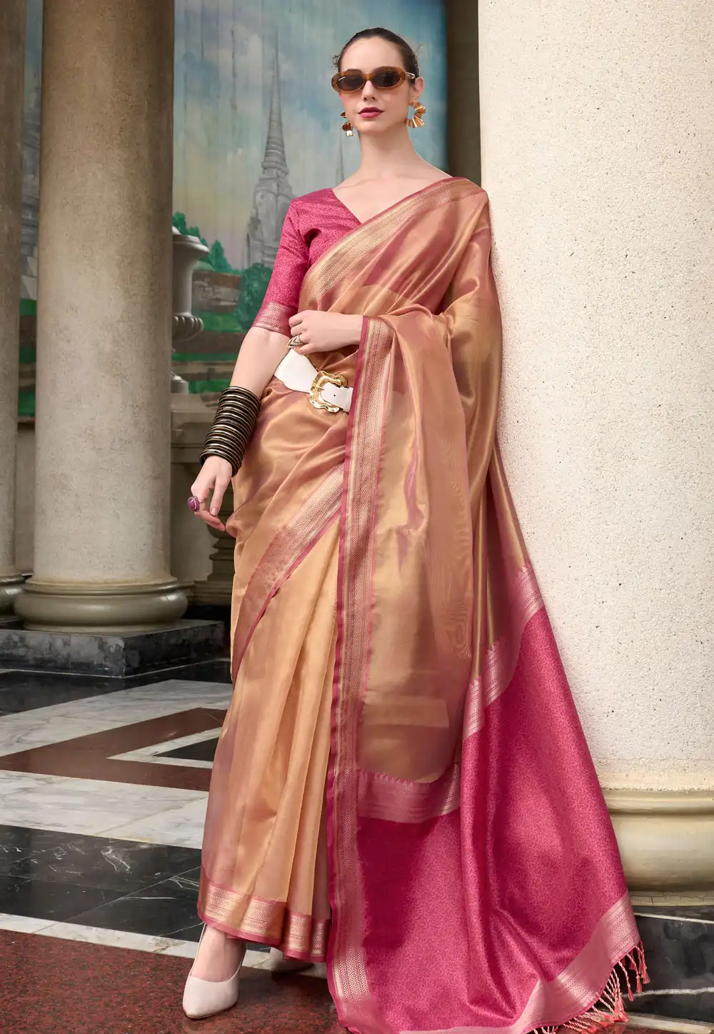 Peach Tissue Silk Saree With Blouse 294262