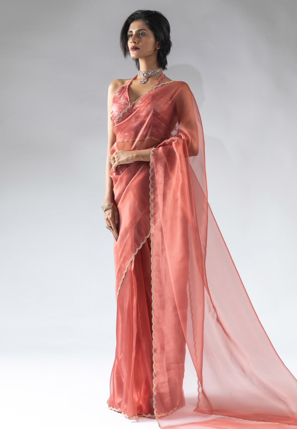 Peach Tissue Silk Saree With Blouse 309360