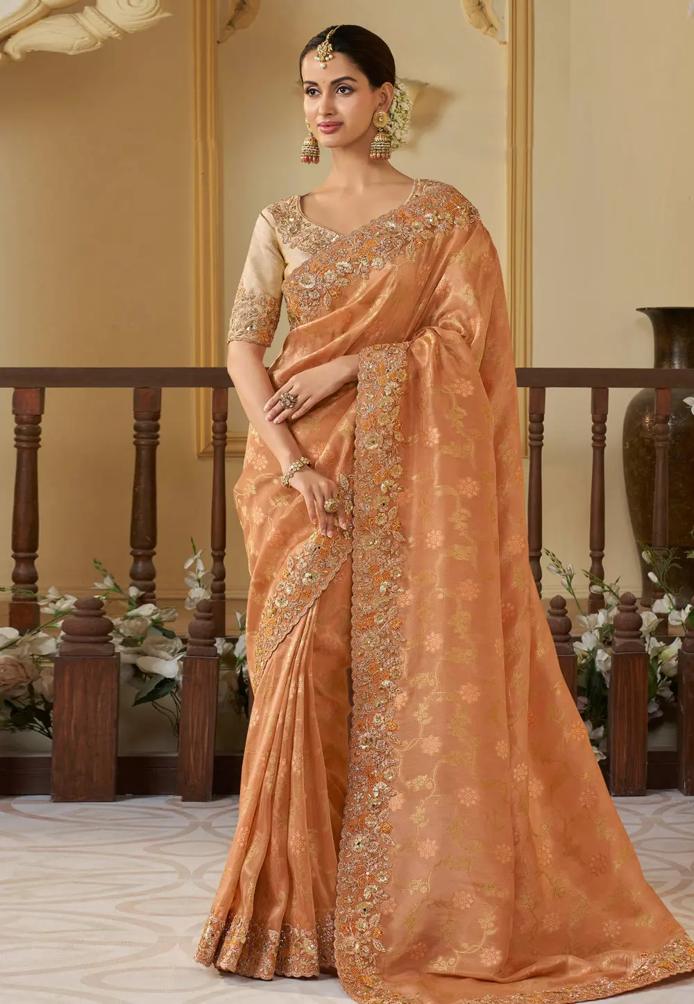 Peach Tissue Silk Saree With Blouse 301094