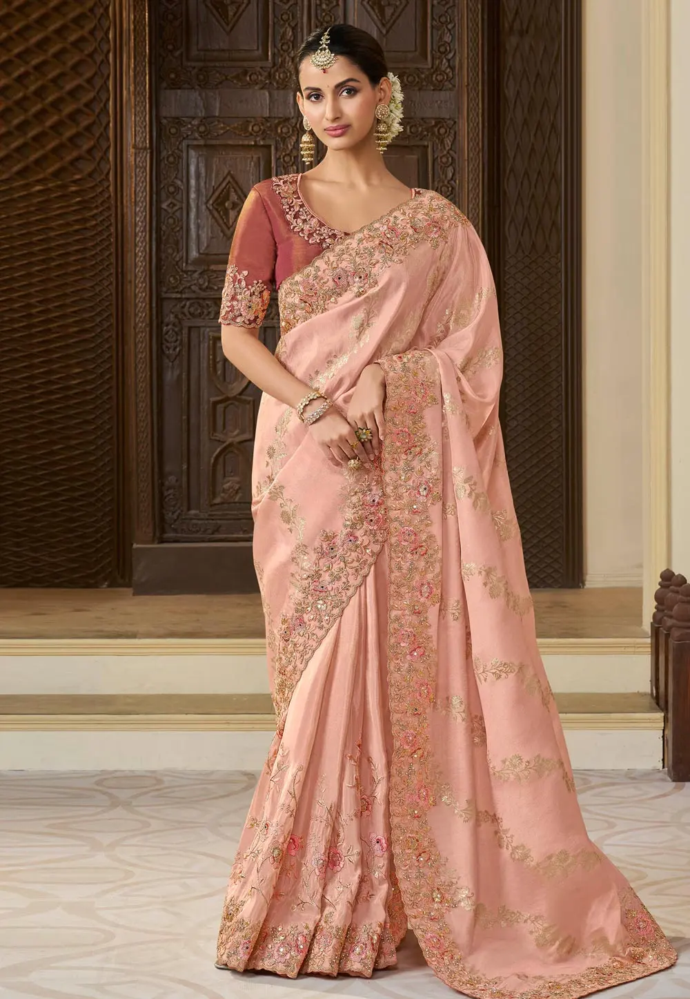 Peach Tissue Silk Saree With Blouse 301102