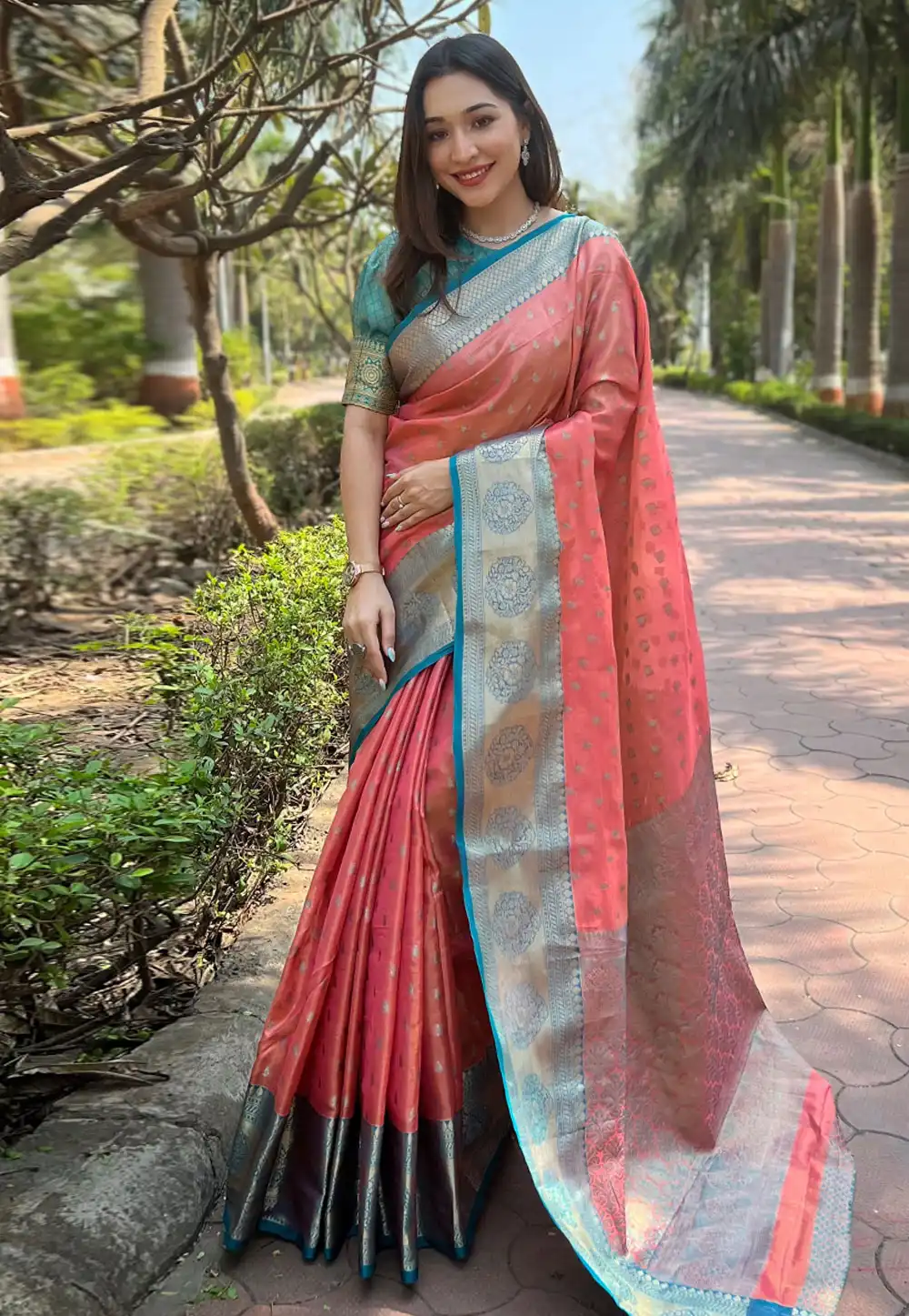 Peach Tissue Silk Saree With Blouse 293573