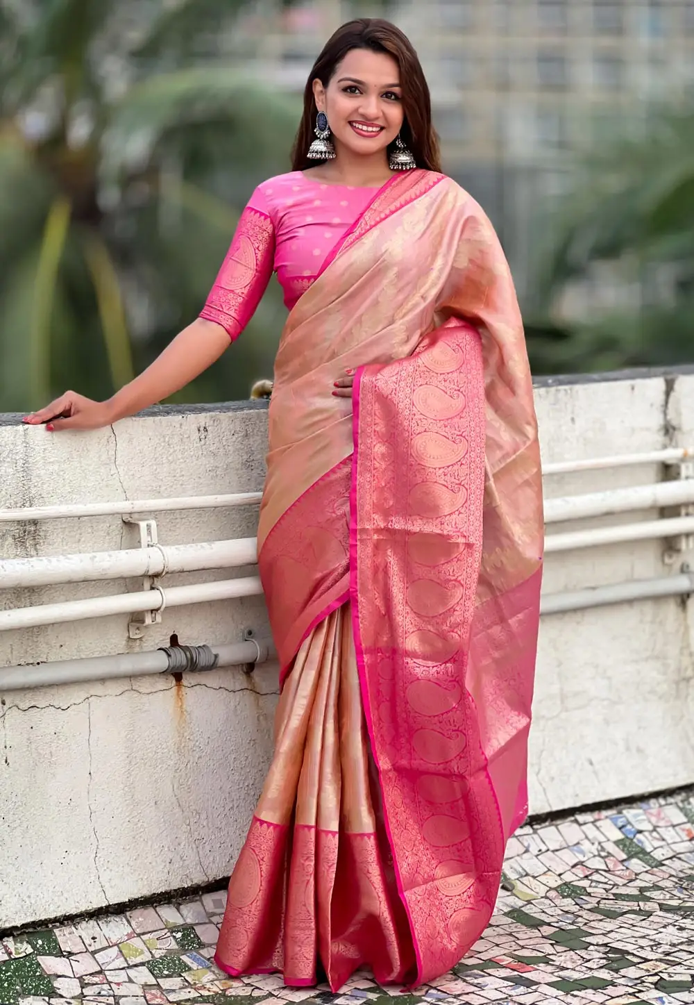 Peach Tissue Silk Saree With Blouse 296264