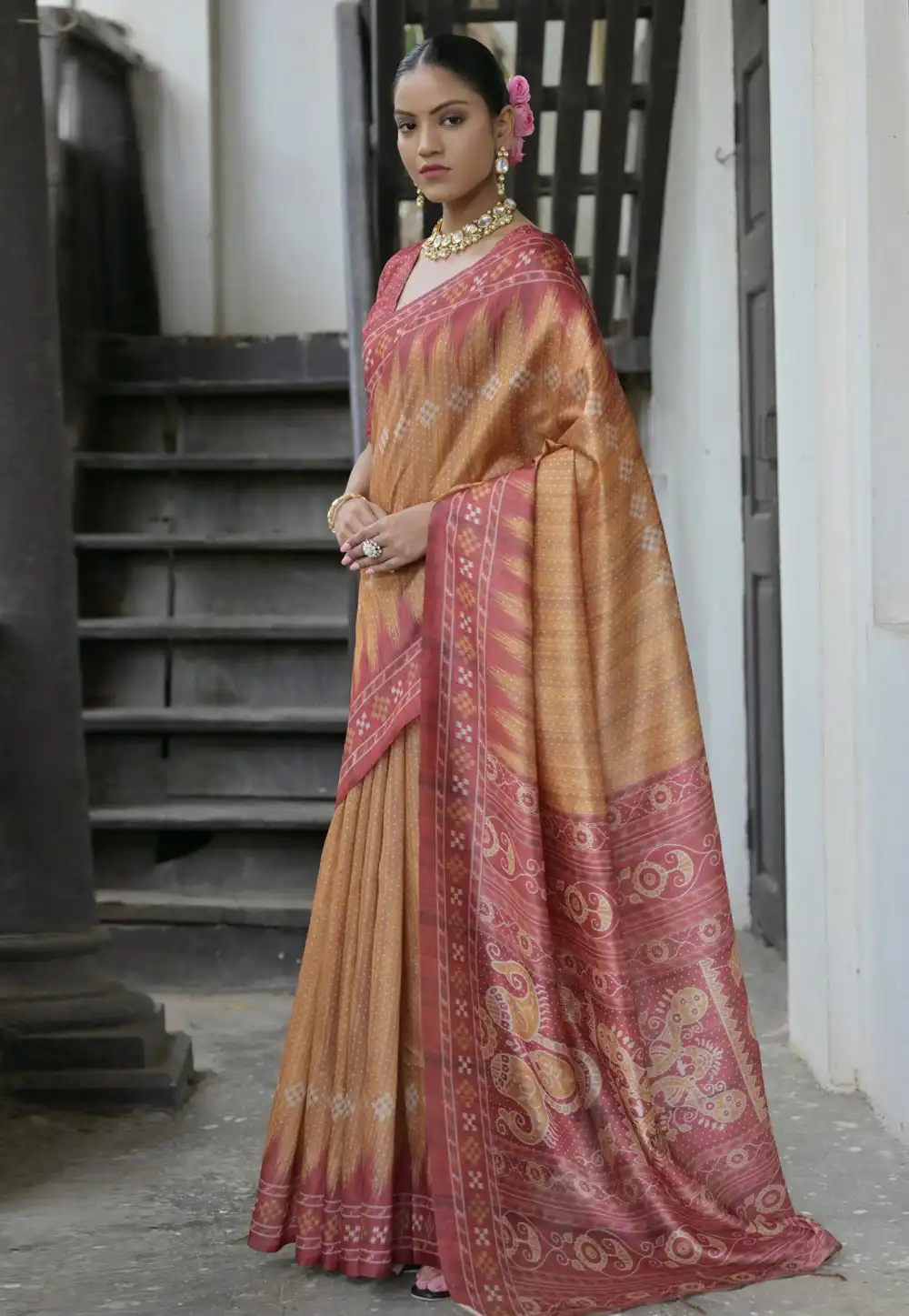 Peach Tussar Silk Saree With Blouse 290855