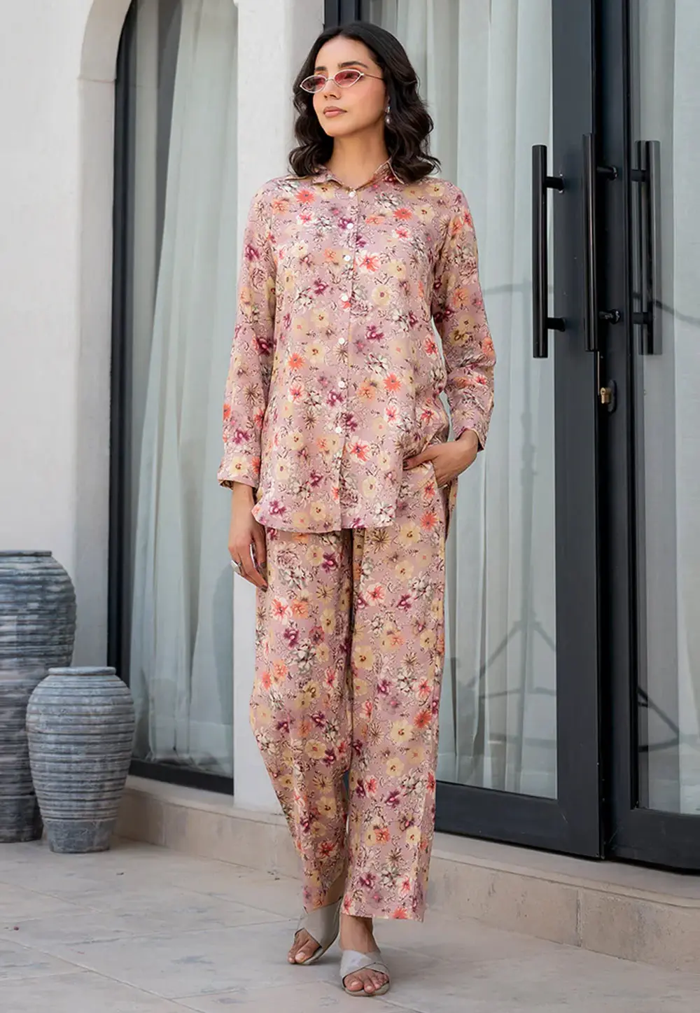 Peach Viscose Rayon Printed Co-Ords Set 304502