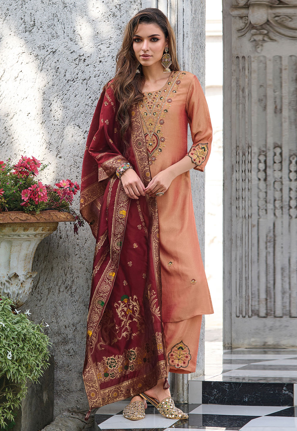 Peach Viscose Readymade Pakistani Suit 309487
