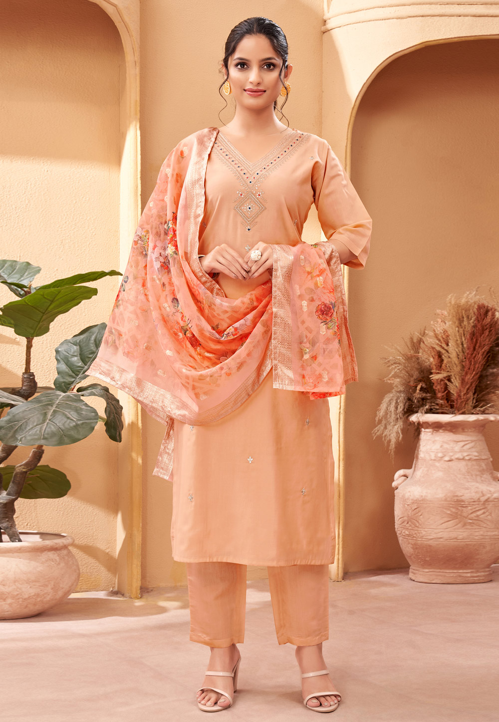 Peach Viscose Readymade Pant Style Suit 283632