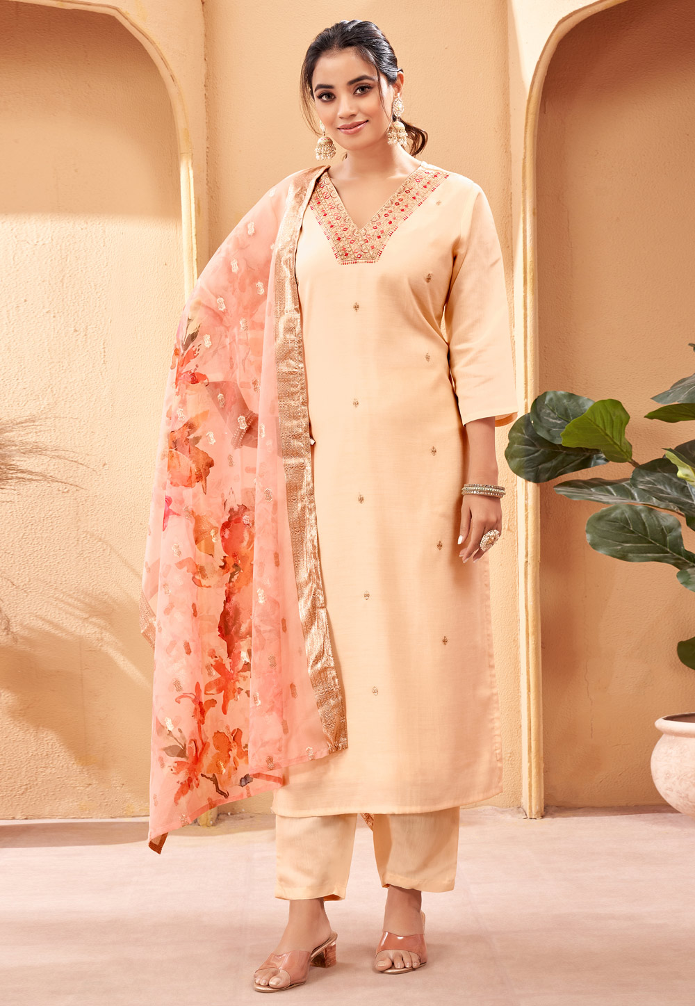 Peach Viscose Readymade Pant Style Suit 283634